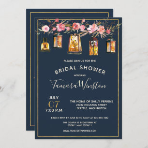 Elegant Peonies Rustic Lanterns Navy Coral Floral Invitation