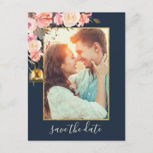 Elegant Peonies Rustic Lanterns Navy Coral Photo Announcement Postcard