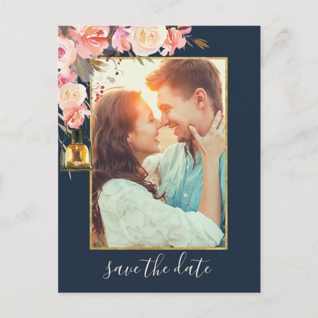 Elegant Peonies Rustic Lanterns Navy Coral Photo Announcement Postcard (Front)