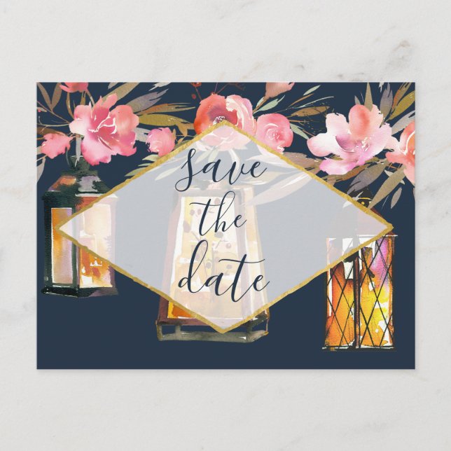 Elegant Peonies Rustic Lanterns Navy Coral Wedding Announcement Postcard (Front)