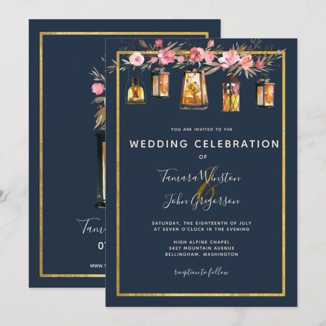 Elegant Peonies Rustic Lanterns Navy Coral Wedding Invitation (Front/Back)