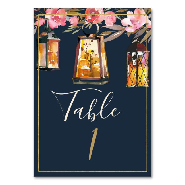 Elegant Peonies Rustic Lanterns Navy Coral Wedding Table Number (Front)