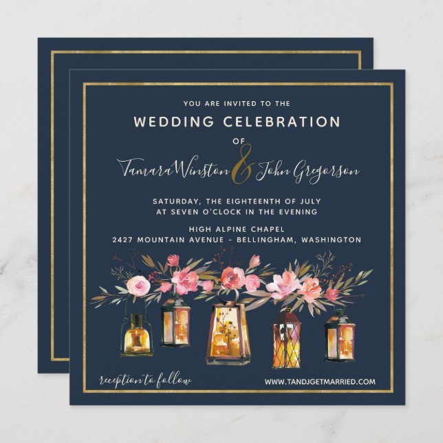 Elegant Peonies Rustic String Lights Navy Coral Invitation (Front/Back)