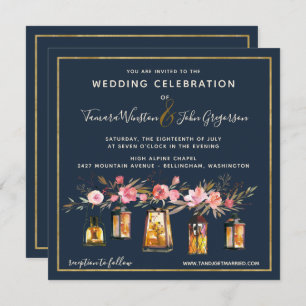 Elegant Peonies Rustic String Lights Navy Coral Invitation