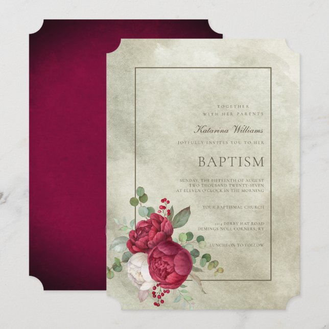 Elegant Peonies Sage Green Watercolor Baptism Invitation (Front/Back)