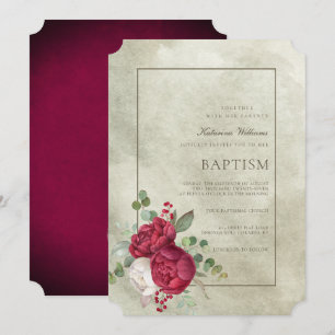Elegant Peonies Sage Green Watercolor Baptism Invitation