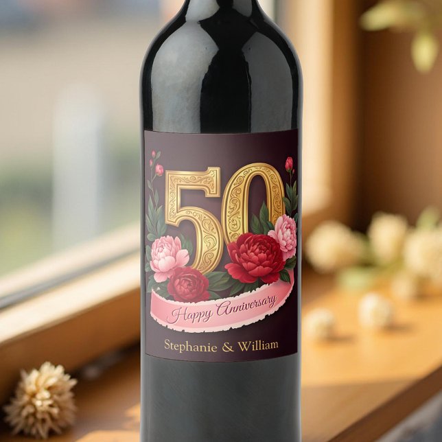 Elegant Peony Bouquet 50th Wedding Anniversary Wine Label (Creator Uploaded)