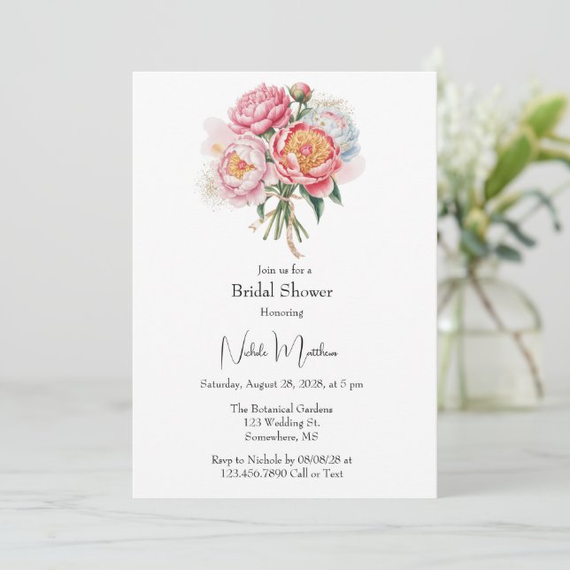 Elegant Peony Bouquet Bridal Shower Invitation (Standing Front)
