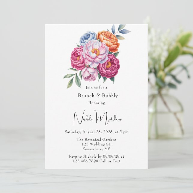 Elegant Peony Bouquet Bridesmaids Luncheon Invitation (Standing Front)