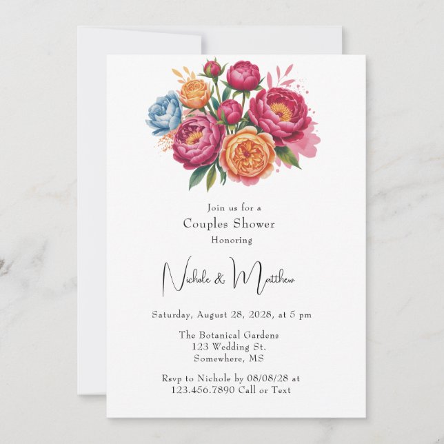 Elegant Peony Bouquet Couples Shower Invitation (Front)