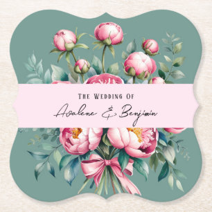 Elegant Peony Bouquet in Watercolor Wedding Paper Coaster