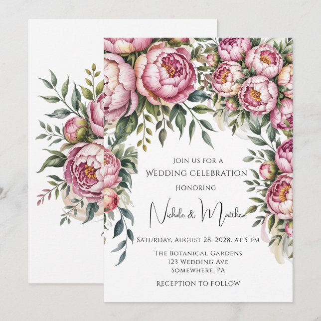 Elegant Peony Floral Arrangement Wedding Invitation (Front/Back)