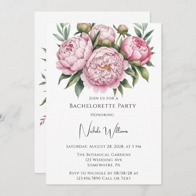 Elegant Peony Floral Bachelorette Party Invitation (Front/Back)