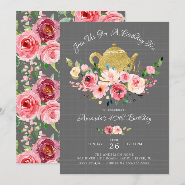 Elegant Peony Floral Birthday Tea Invitation (Front/Back)