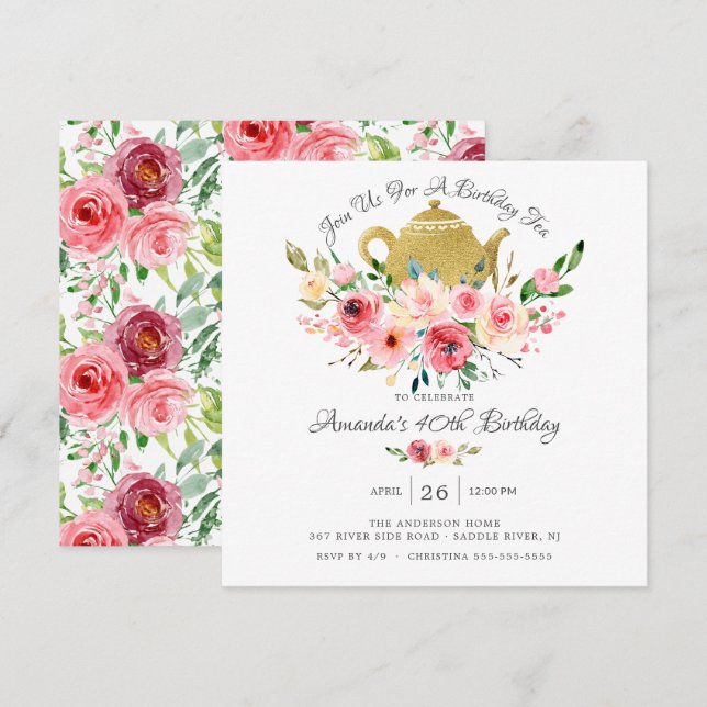 Elegant Peony Floral Birthday Tea Invitation (Front/Back)