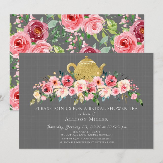 Elegant Peony Floral Bridal Shower Tea Invitation (Front/Back)