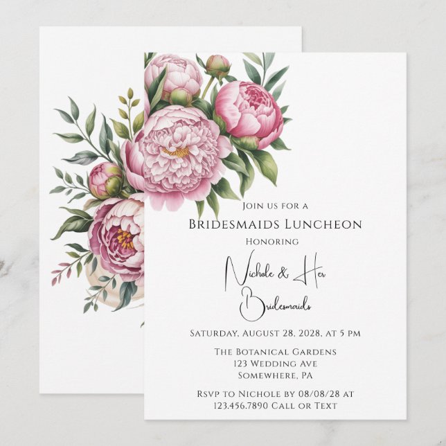Elegant Peony Floral Bridesmaids Luncheon Invitation (Front/Back)