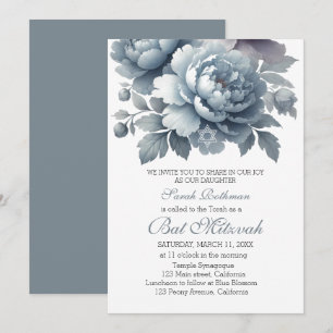 Elegant Peony Floral Dusty Blue Bat Mitzvah Invitation
