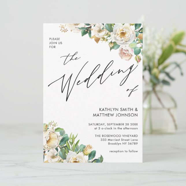 Elegant Peony Floral Greenery All In One Wedding Invitation (Standing Front)
