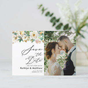 Elegant Peony Floral Greenery Script Photo Wedding Save The Date