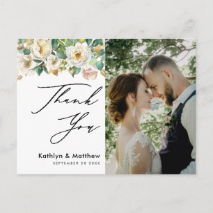 Elegant Peony Floral Greenery Wedding Thank You Postcard