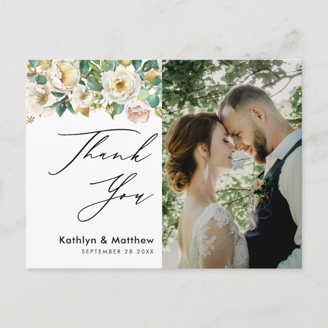 Elegant Peony Floral Greenery Wedding Thank You Postcard (Front)