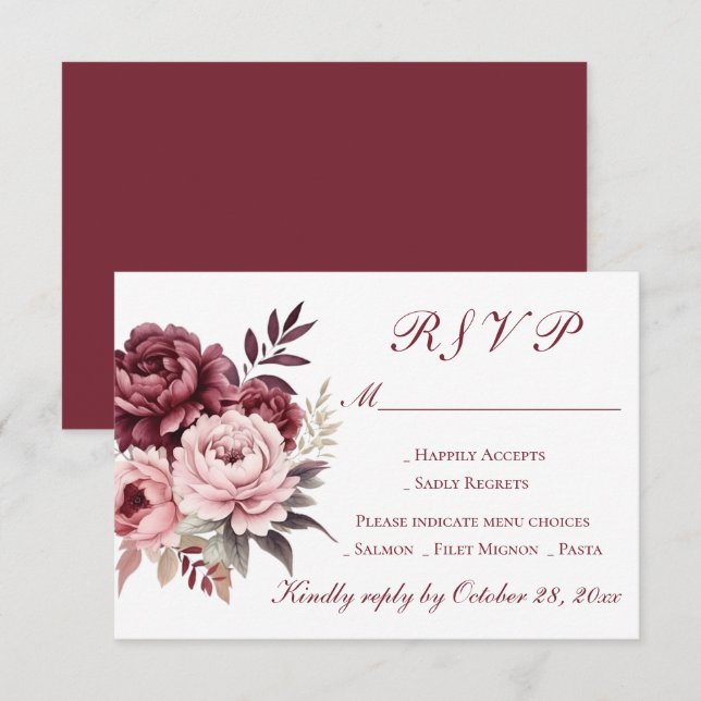 Elegant Peony Floral Watercolor Burgundy Wedding  RSVP Card (Front/Back)