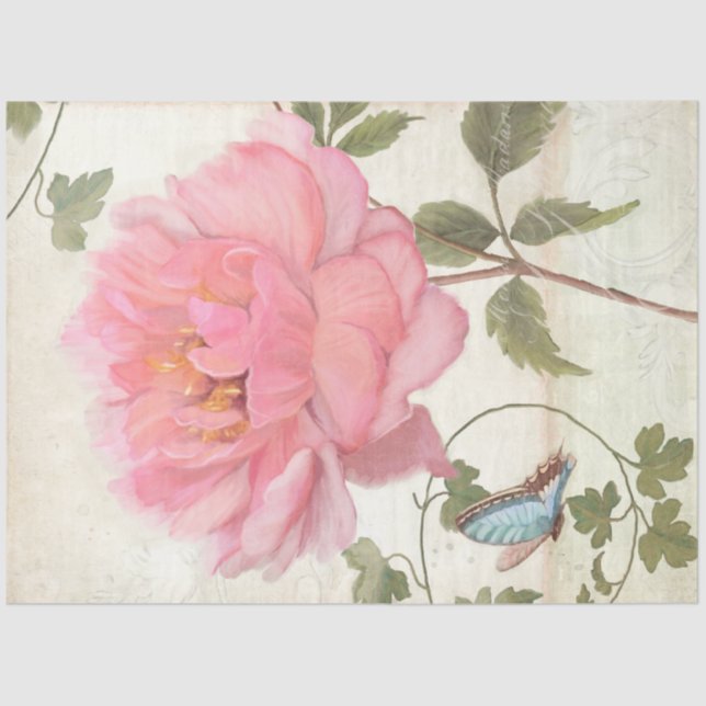Elegant Peony Flower Butterfly Ephemera Decoupage  Tissue Paper (Front)