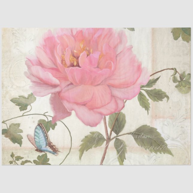 Elegant Peony Flower Butterfly Ephemera Decoupage Tissue Paper (Front)
