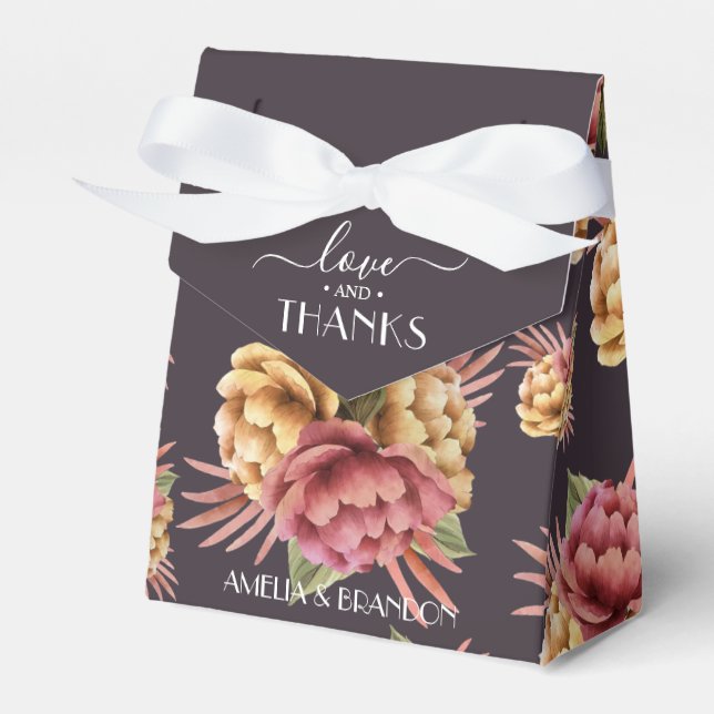 Elegant Peony Flowers on Purple Brown Favour Box (Front Side)