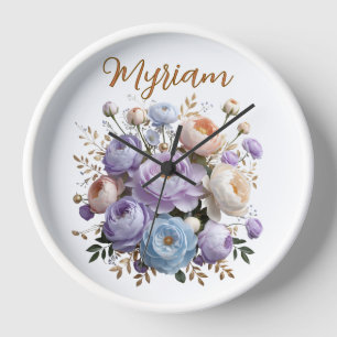 Elegant Peony Gold Monogram White Wood Clock