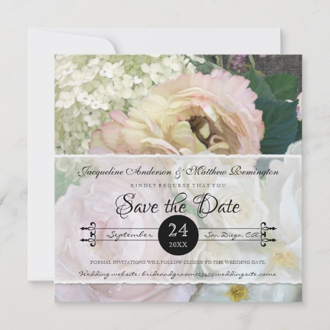Elegant Peony Hydrangea Blush Pink Rose Floral Art Save The Date (Front)