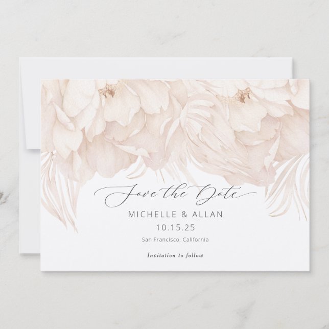 Elegant peony in beige Flat Save The Date Card (Front)