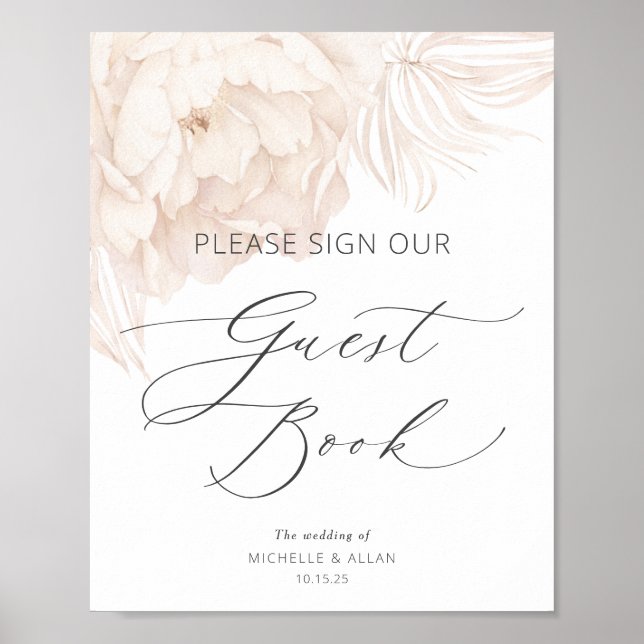 Elegant peony in beige-wedding guest book sign (Front)