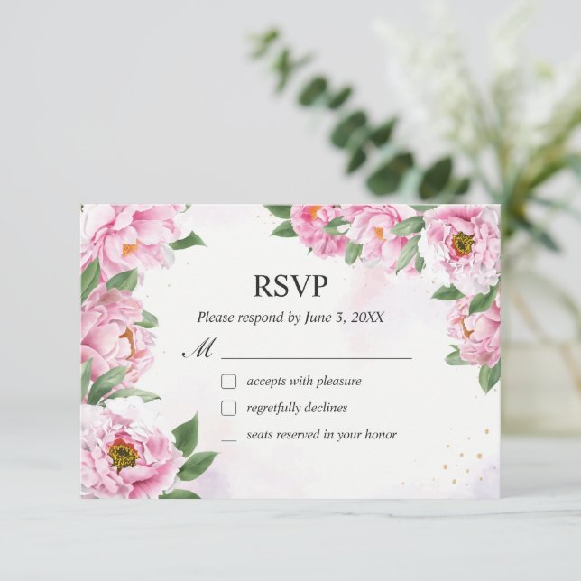 Elegant Peony Minimalist Wedding RSVP Card (Standing Front)