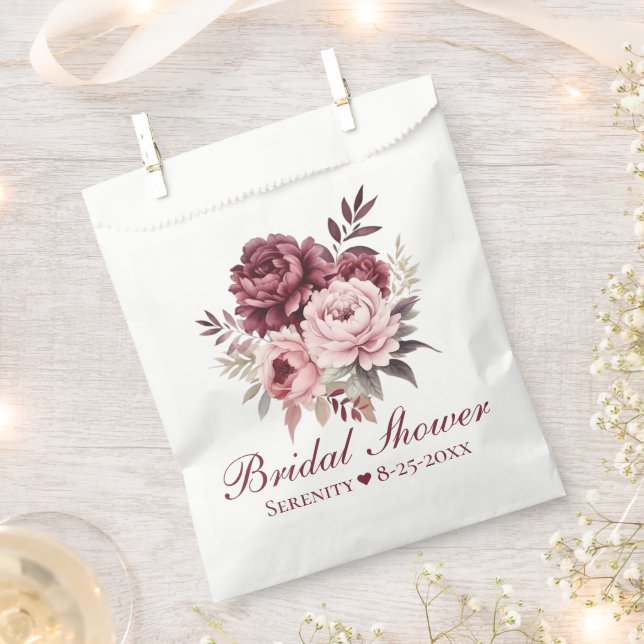Elegant Peony Pink Burgundy Floral Bridal Shower   Favour Bags (Clipped)