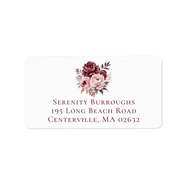 Elegant Peony Watercolor Burgundy Floral Wedding Label (Front)