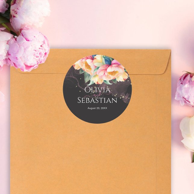 Elegant Peony Watercolor on Black | Wedding Classic Round Sticker (Creator Uploaded)