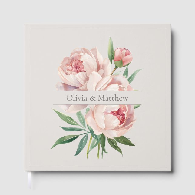 Elegant Peony Wedding Guestbook – Beige Design (Front)