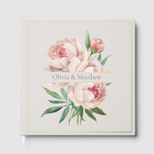 Elegant Peony Wedding Guestbook with Gold Accents