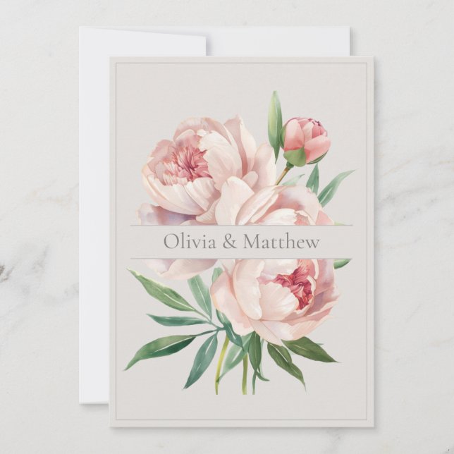 Elegant Peony Wedding Invitation with QR Code (Front)
