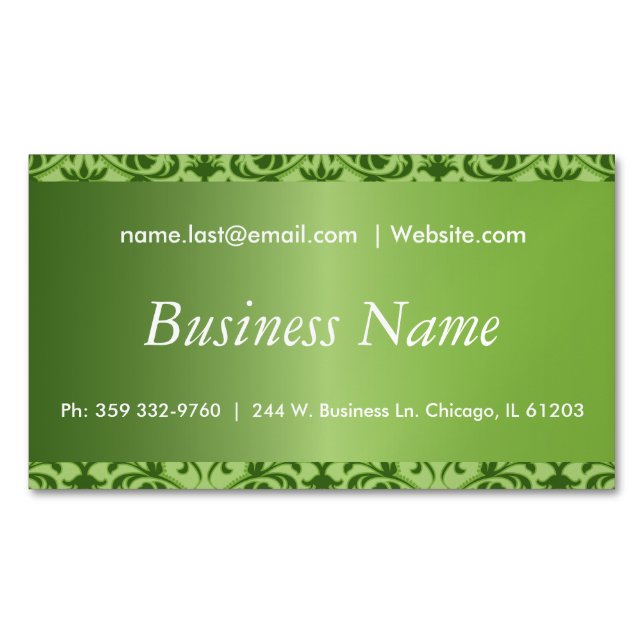 Elegant Peridot Green Damask Magnetic Business Card (Front)