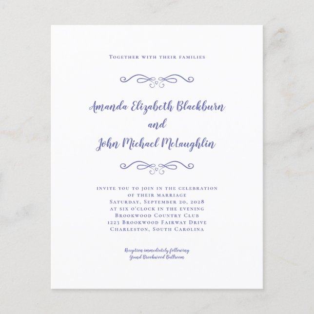 Elegant Periwinkle Blue Budget Wedding Invitation (Front)