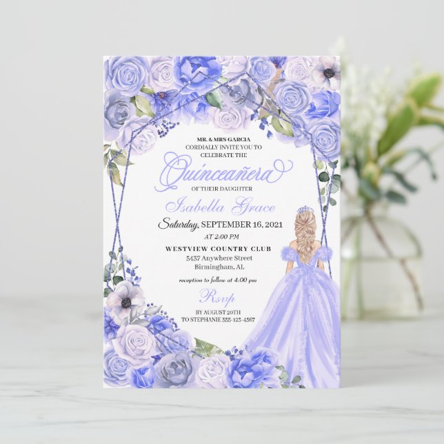 Elegant Periwinkle Blue Floral Quinceanera Invitation (Standing Front)