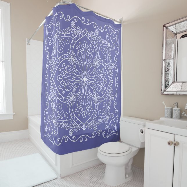 Elegant Periwinkle Blue Flourish Pattern Purple Shower Curtain (In Situ)
