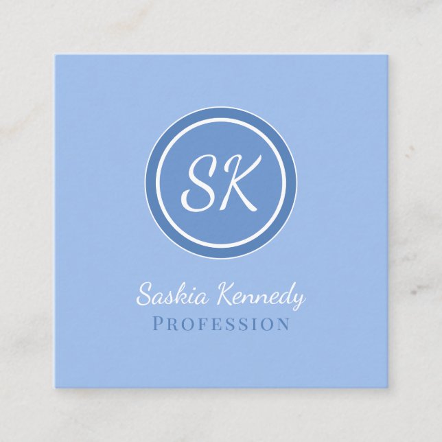 Elegant Periwinkle Blue Professional Monogram Square Business Card (Front)