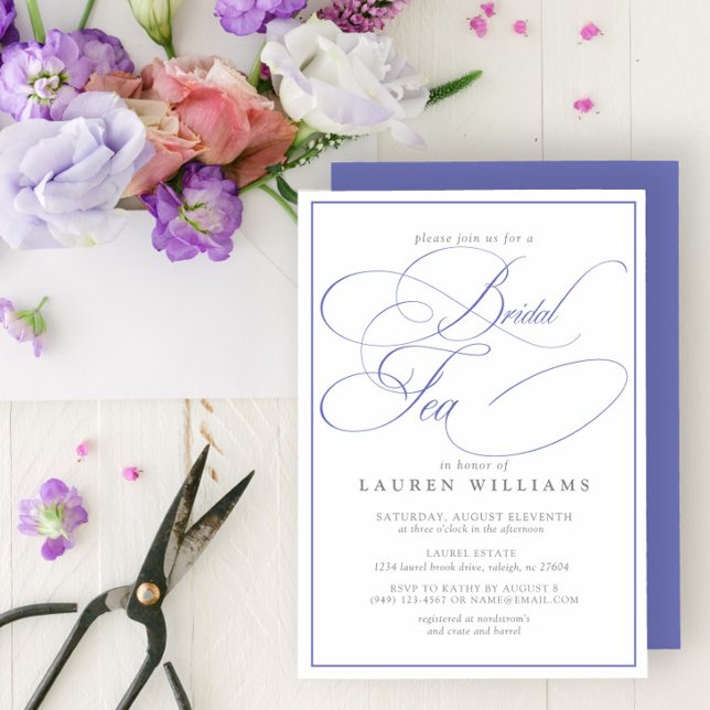 Elegant Periwinkle Calligraphy Formal Bridal Tea Invitation (Creator Uploaded)