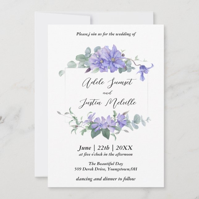 Elegant  periwinkle clematis frame Wedding   Invitation (Front)