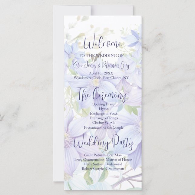 Elegant Periwinkle Clematis Wedding Program (Front)