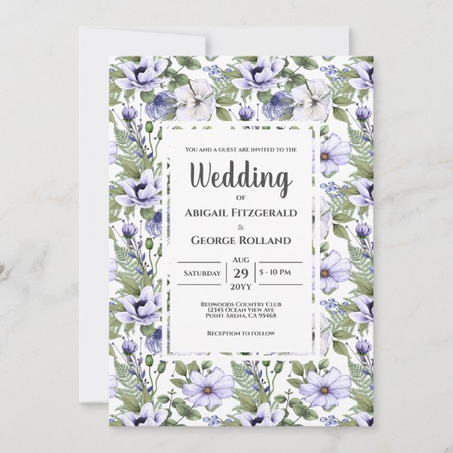 Elegant Periwinkle Floral Greenery Pattern Wedding Invitation (Front)